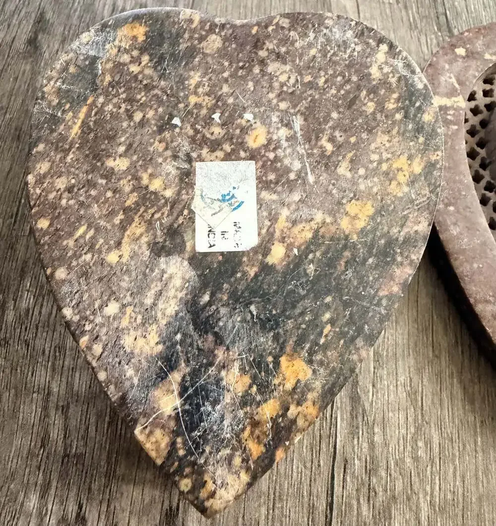 Vintage Hand-Carved Soapstone Heart-Shaped Trinket Box with Lattice Lid and Moth